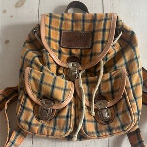 Yellow Plaid Backpack with Leather Accents